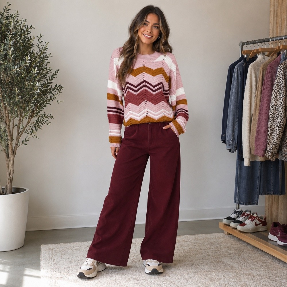 Full Circle Trends Chevron Knit Sweater Pink Brown White Women's Medium